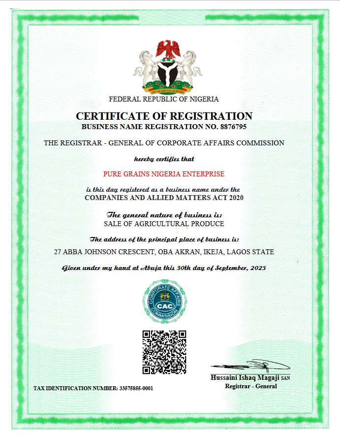 CAC Certificate of Incorporation - Pure Grains Nigeria Enterprise